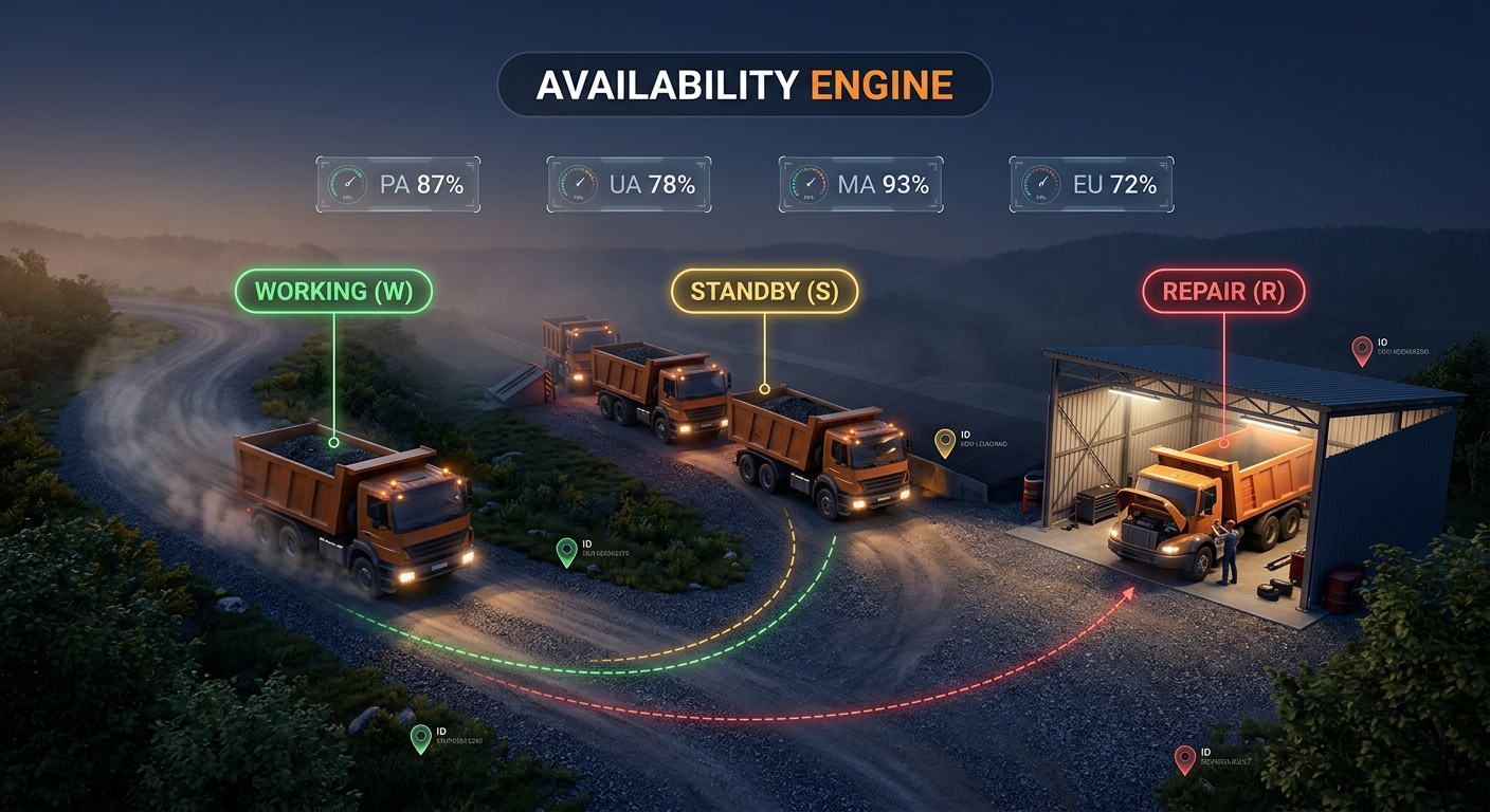 Availability Engine dashboard showing PA, UA, MA, EU KPI gauges, the Working/Standby/Repair state-flow model, and the signal-to-category mapping table.