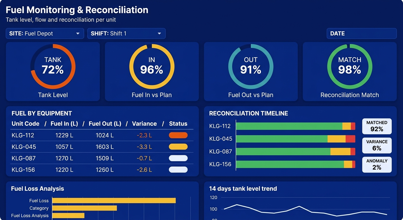 Tara MineLink fuel monitoring & reconciliation dashboard showing tank level, fuel in/out, and reconciliation status.