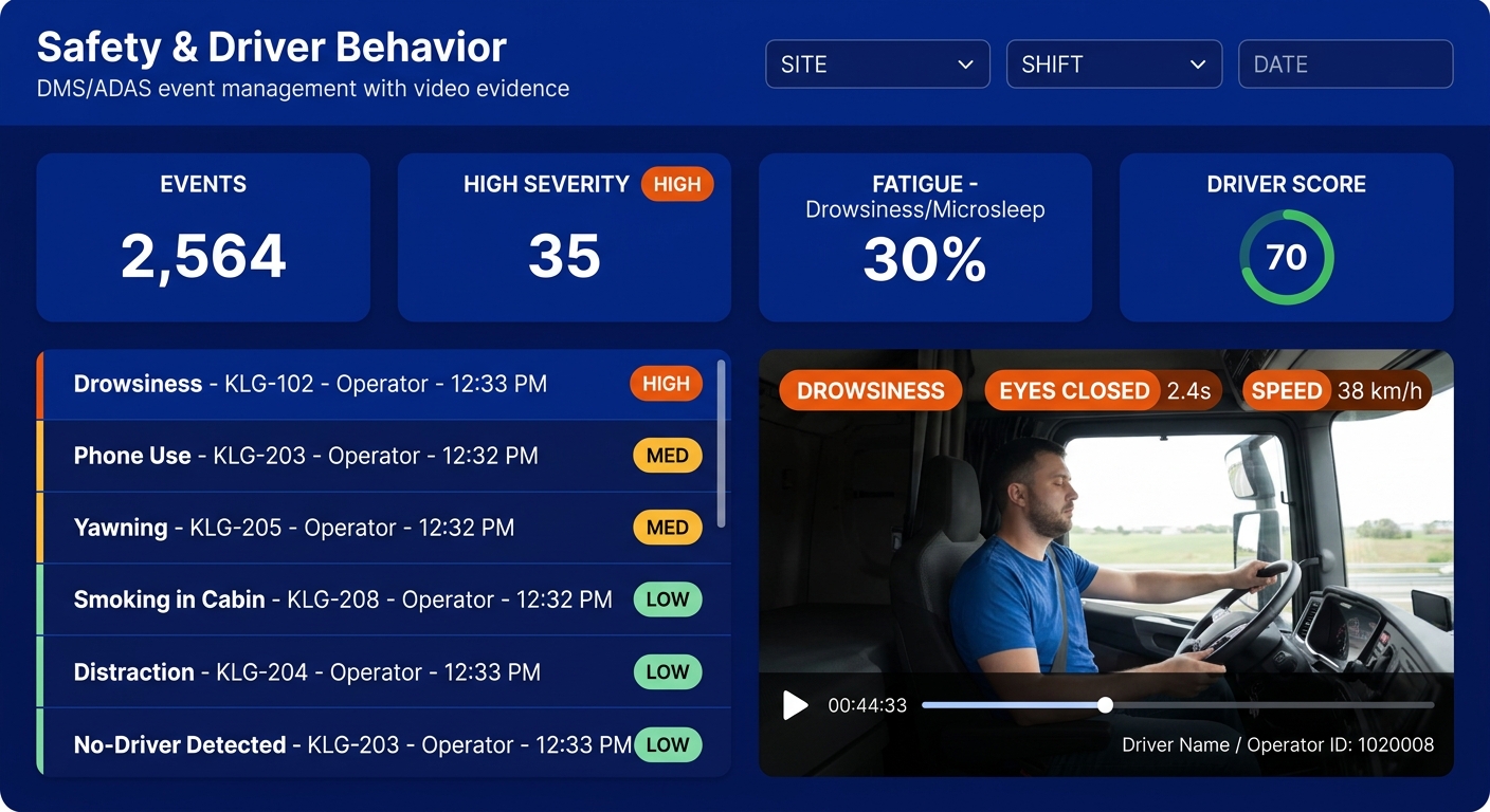 Tara MineLink safety & driver behavior dashboard showing ADAS/DMS events and driver scorecard.