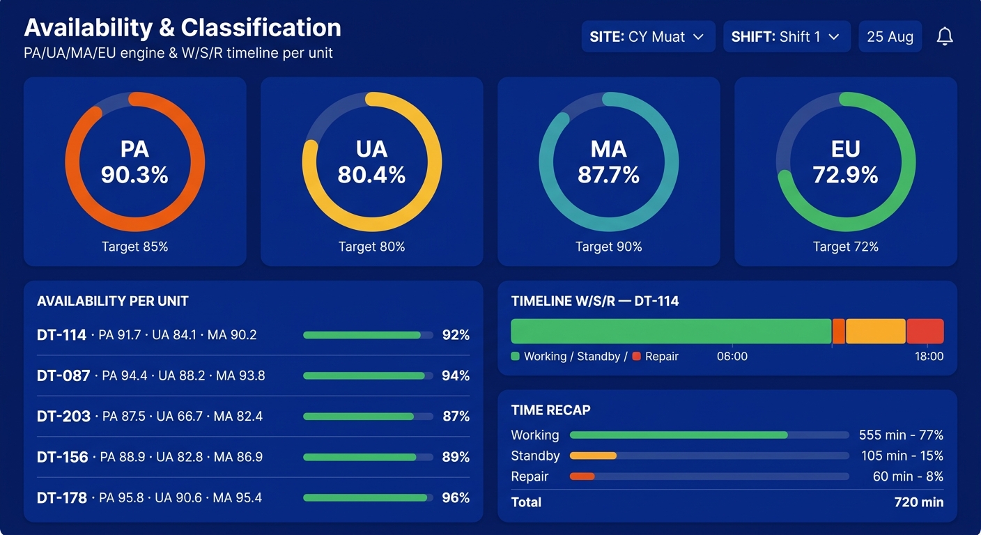 Tara MineLink availability & classification dashboard showing PA/UA/MA/EU KPI gauges, per-unit availability table, and the W/S/R timeline.