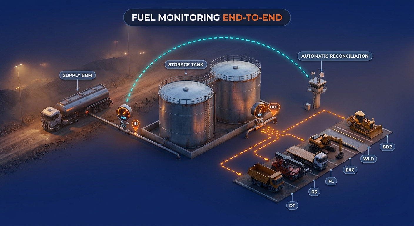 End-to-end fuel monitoring diagram: fuel supply into the storage tank with in/out flow meters, distributed to DT, RS, FL, EXC, WLD, BDZ with automatic reconciliation.