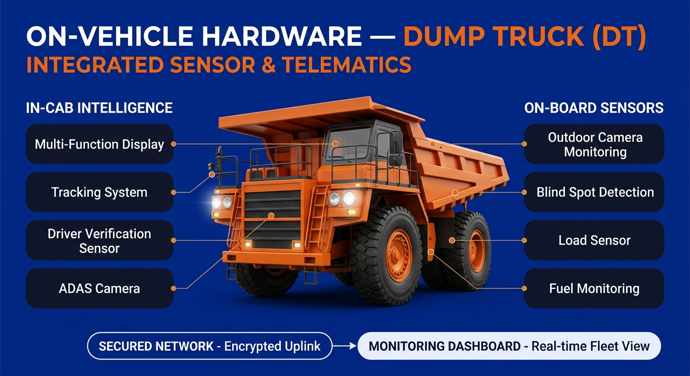 Dump truck (DT) sensors: multi-function display, tracking system, driver verification, ADAS, outdoor camera, blind spot detection, load sensor, fuel monitoring.