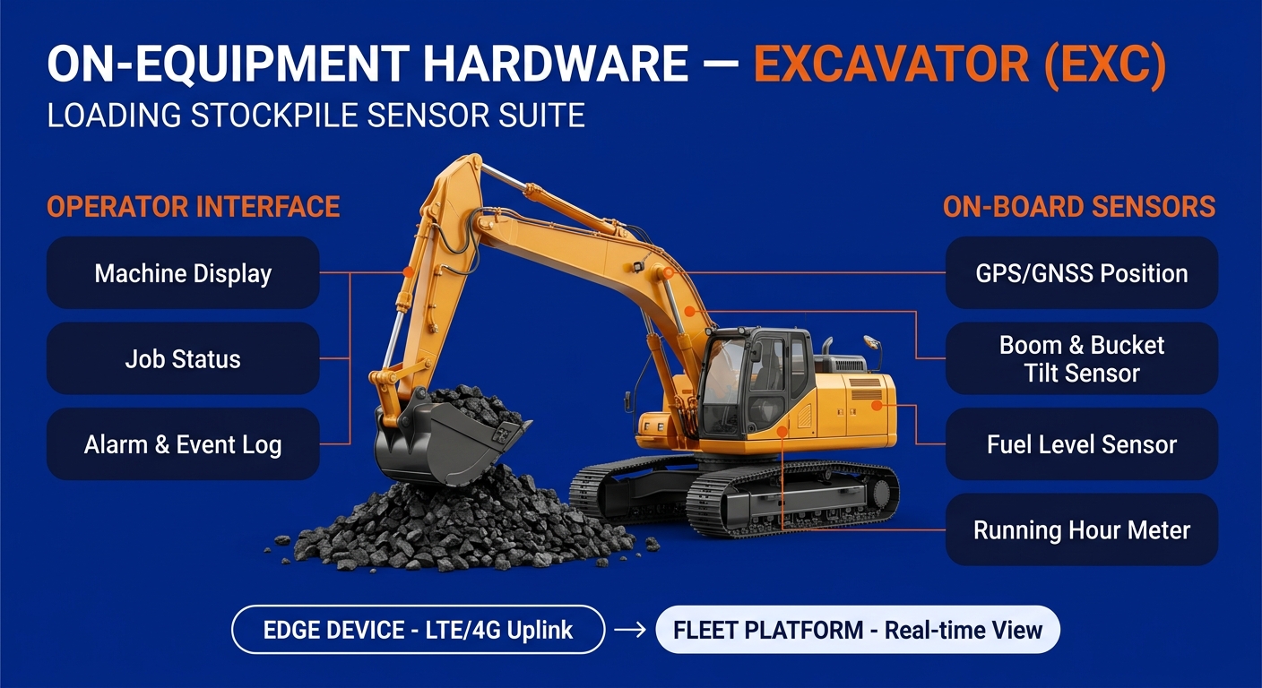 Excavator (EXC) sensors at the stockpile: machine display, job status, alarm log, GPS/GNSS, boom & bucket tilt sensor, fuel level sensor, running hour meter.