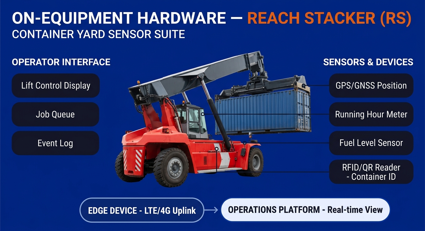 Reach stacker (RS) sensors at the container yard: lift control display, job queue, event log, GPS/GNSS, running hour meter, fuel level sensor, RFID/QR container ID reader.