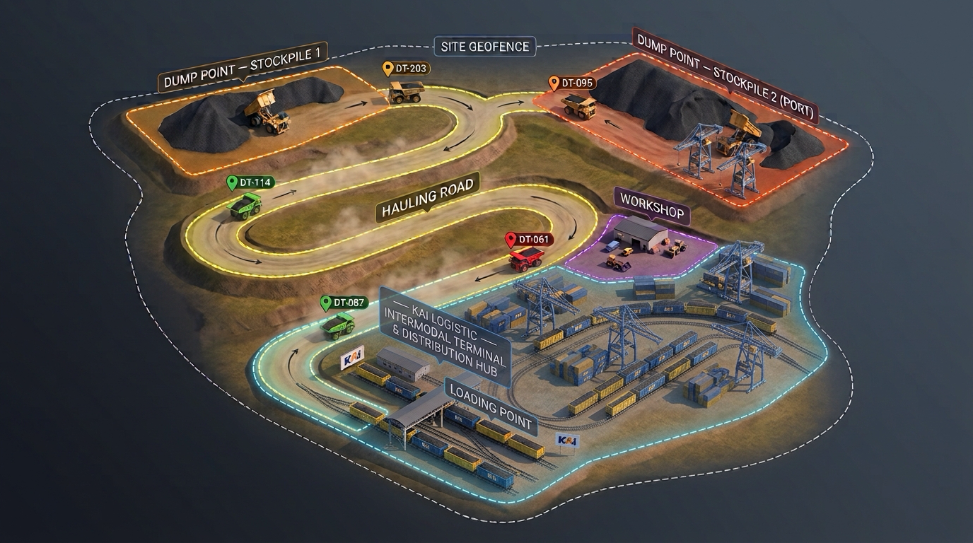 Isometric map of the KA Log CY & Railway chain showing stockpile, container yard, railway, hauling road, and workshop geofence zones with real-time unit positions.